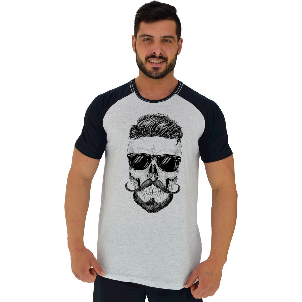 Camiseta Tradicional Masculina MXD Conceito Malha 30.1 Penteada Caveira Topete e Bigode Academia Fitness Vida Saudável Halteres