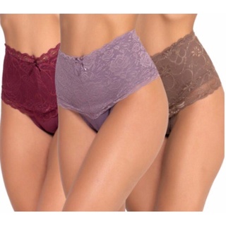 Kit 3 Calcinhas Cintura Alta em Cotton Modeladora Algodão Cinta em Renda
