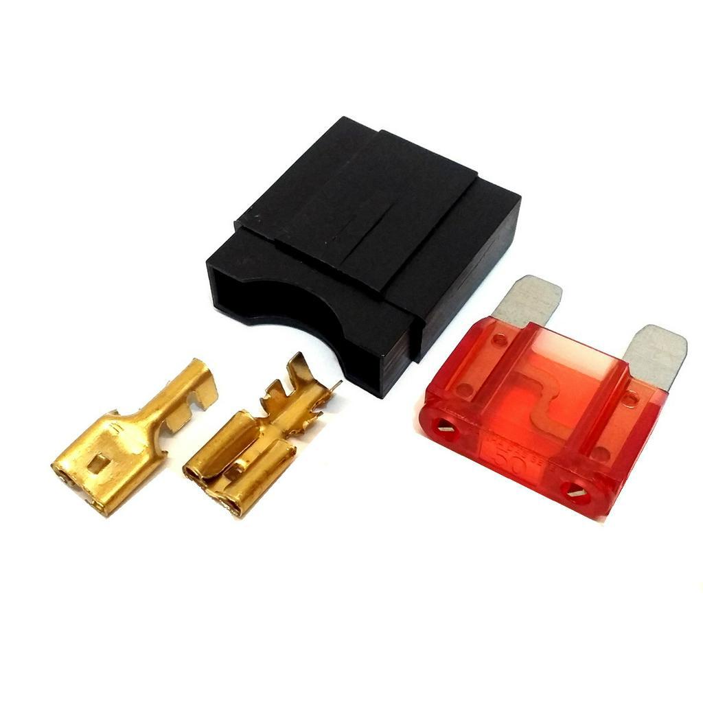 Kit Porta Fusível Lâmina Max Grande Desmontado e Fusíveis Lâmina Max 50 Amperes 10 Unidades Som Automotivo
