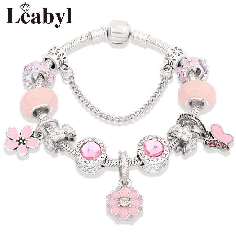 Leabyl Pulseira Prateada com Berloques/Pingentes/Contas de Cristal Rosa/Borboleta/Flor Esmaltada Feminina