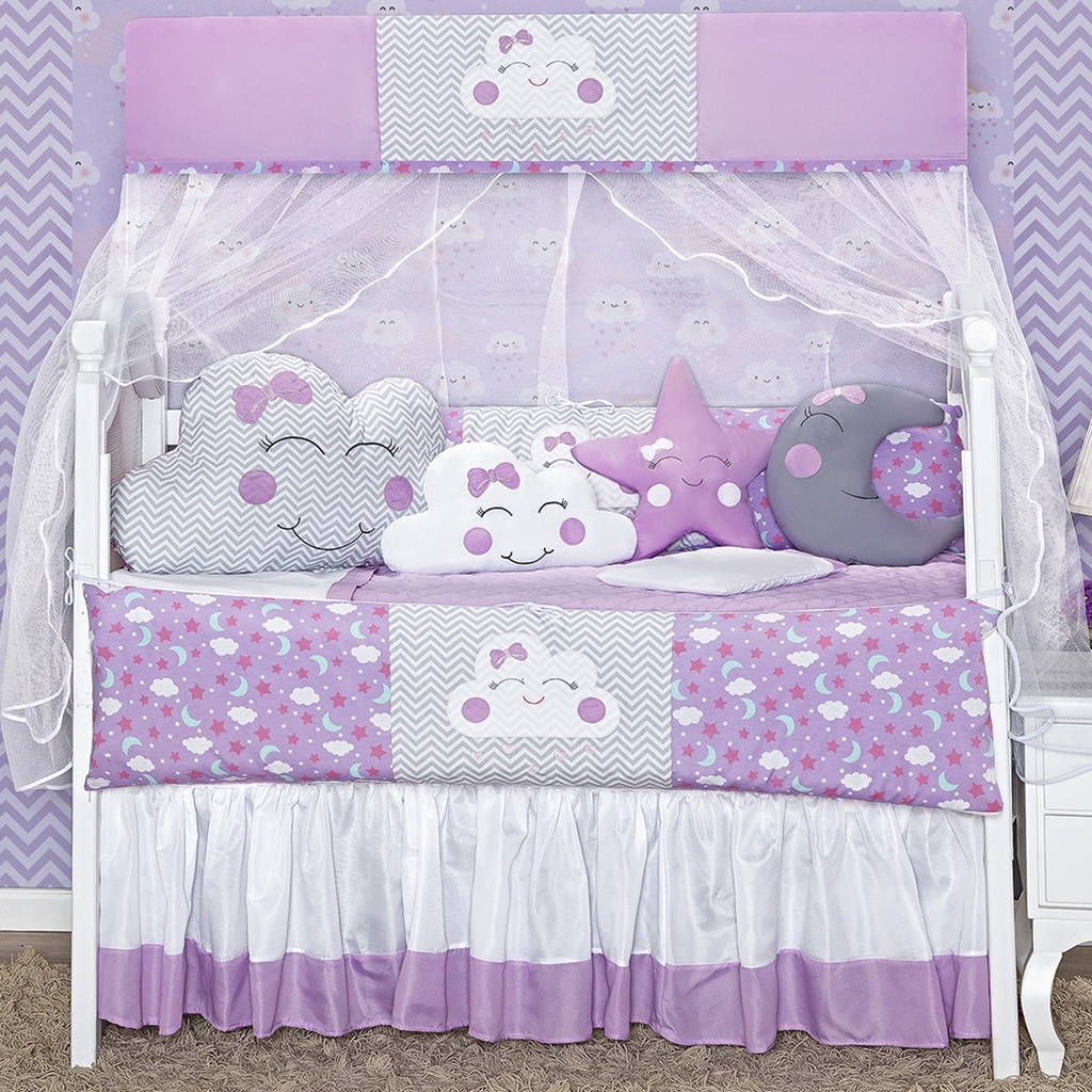 Kit Berço Nuvem Lua Lilás Formato Chuva de Amor 12 Peças Completo Menina Feminino