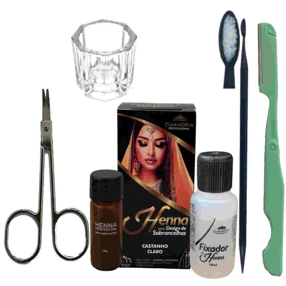 Kit Rena Designer Sobrancelha Profissional Henna Chandra Palito Dosador Tesoura Navalha Dappen