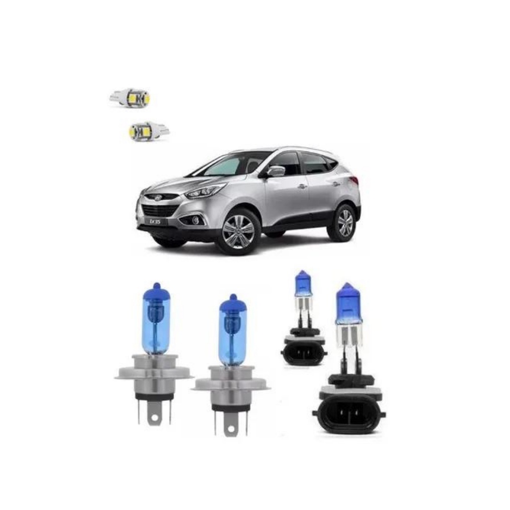 Kit Lâmpadas Super Branca Farol Alto E Baixo H4 Milhas H27 Hyundai  Ix35 2009 2010 2011 2012