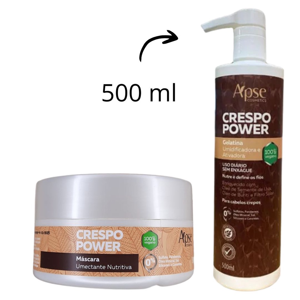 kit apse cachos crespo power - mascara hidratante tratamento capilar 300gr + gelatina capilar ativador de cachos 500ml