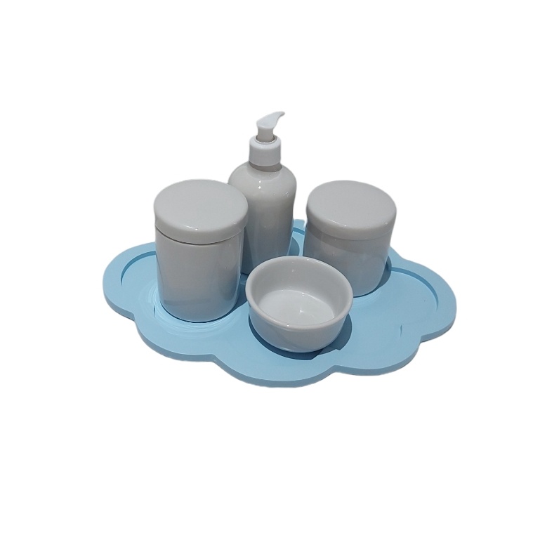 Kit Higiene Bebê Porcelana Branca com tampa e Bandeja Nuvem azul potes maternidade menina menino porta algodão cotonete