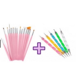 Kit 15 Pincéis + 10 Boleadores Em 5 Pincéis Manicure Desenho