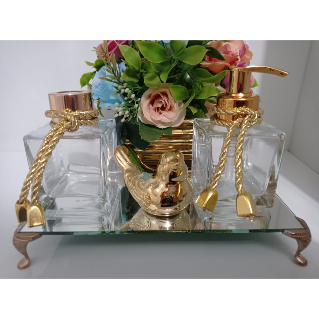 Kit Lavabo Luxo Banheiro Saboneteira Difusor+Bandeija + Passarinho Rose Gold/Dourado/Prata