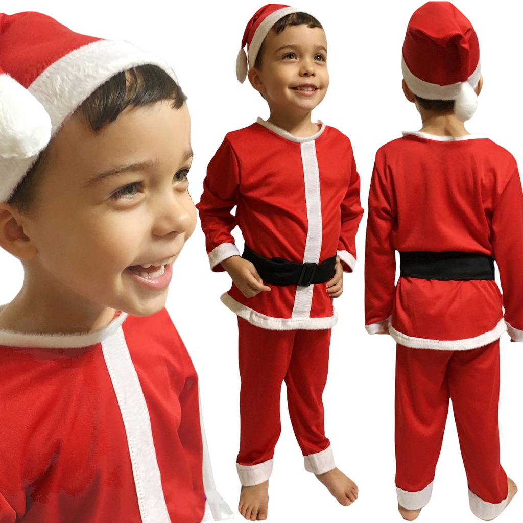 Fantasia Papai Noel Infantil Criança Natal Com Gorro Barato | Shopee Brasil
