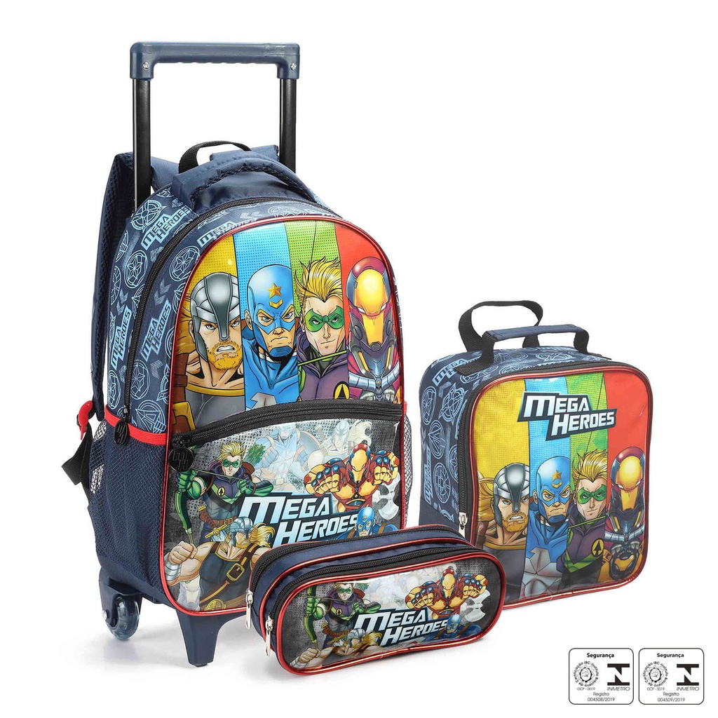 Kit Mochila Escolar infantil com Carrinho de Rodinhas Lancheira e Estojo Mega Heroes Vingadores Super Herói