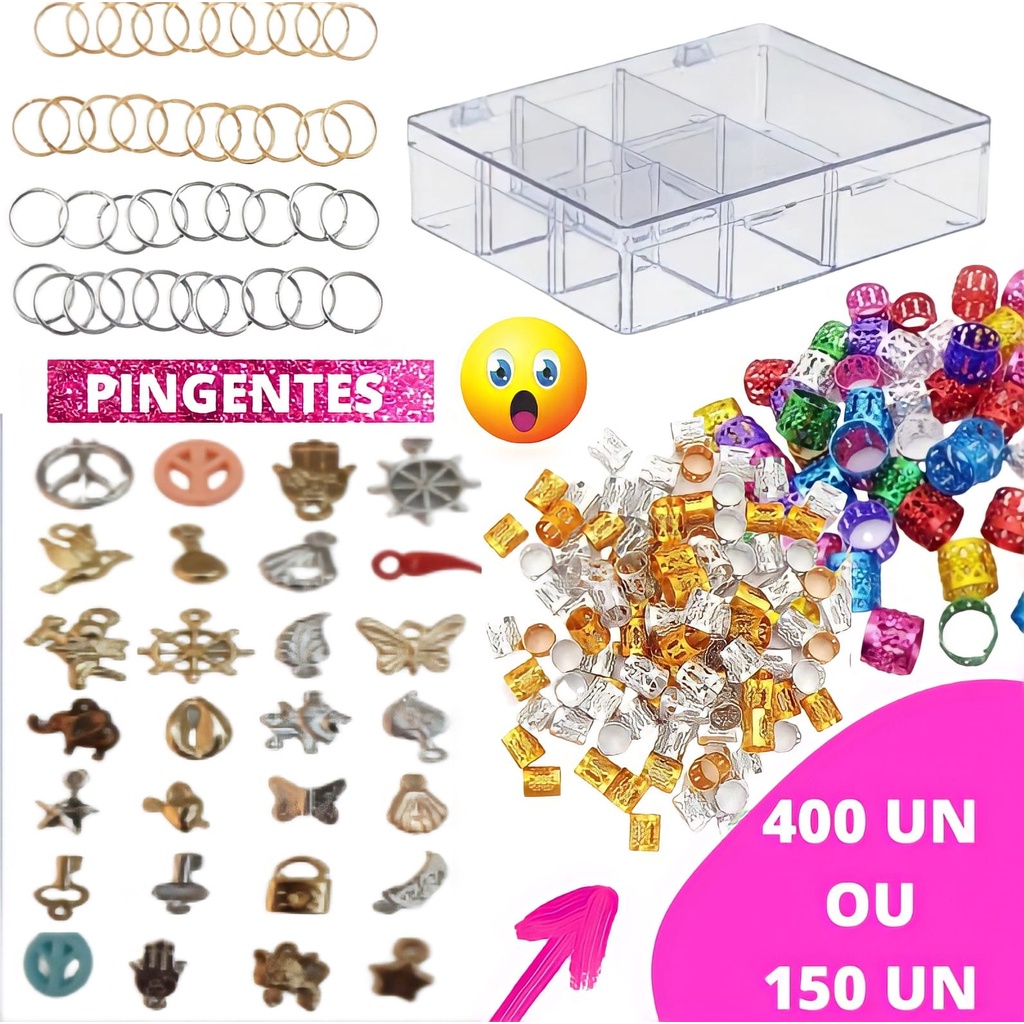 Kit  Tranças Joias e Pingentes + Estojo Organizador Enfeite Para Tranças Kit 400un / 150un / 500un em Oferta na Shopee