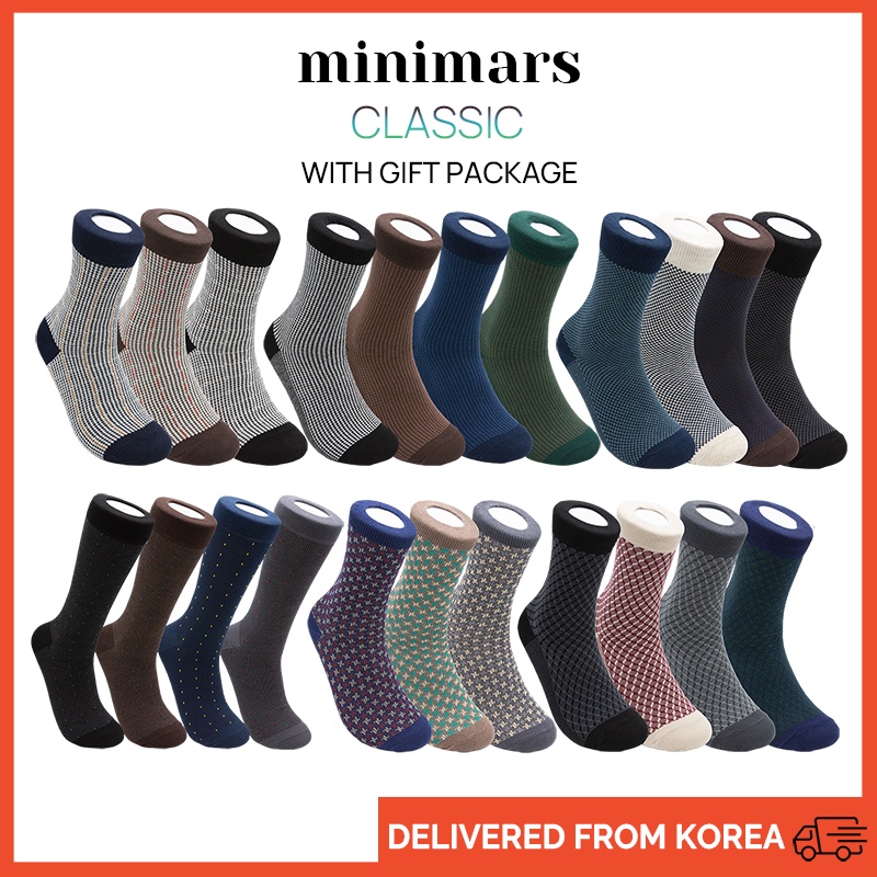 [minimars] Meias Clássicas De Algodão Fabricadas Na Coreia (3/4 Pares) Com Pacote De Presente – De Escritório , Cano Méd