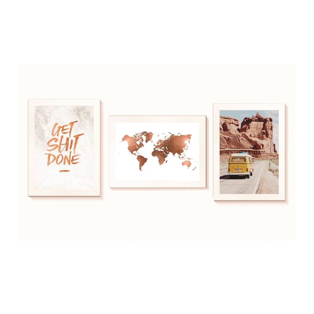 Kit 3 Quadros Decorativos Deserto Kombi Mapa Mundi Moldura 20x30cm Madeira Vidro Brancas