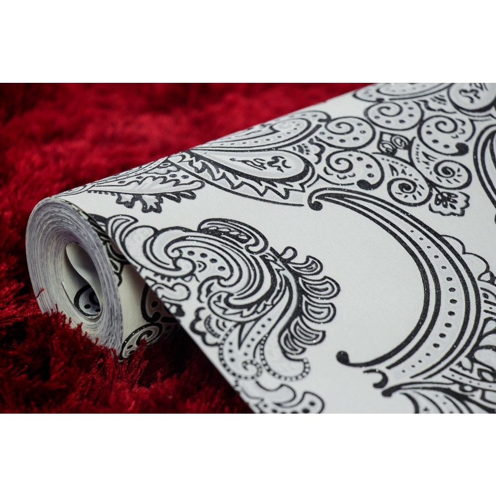 Papel de parede branco off white arabescos preto glitter