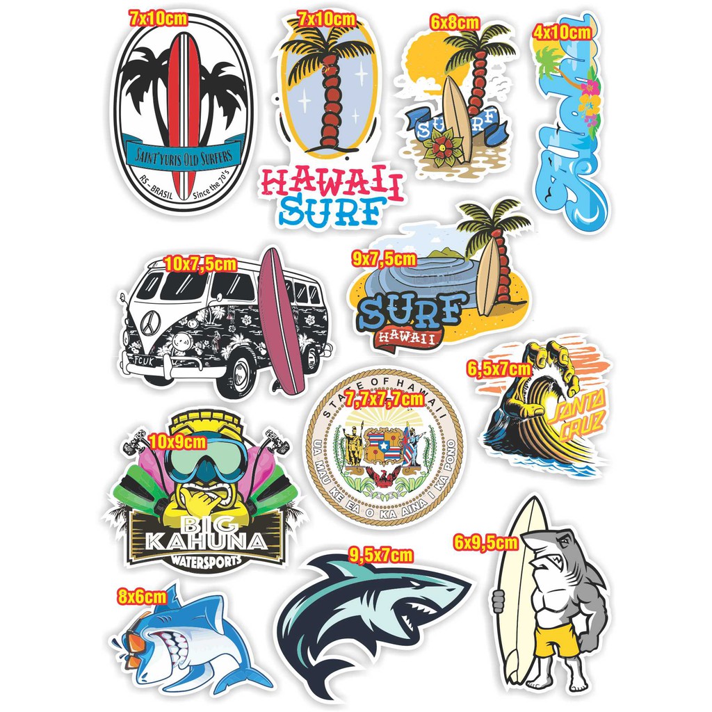 Cartela A4 de adesivos com estampas de praia, mar, surf e tubarão