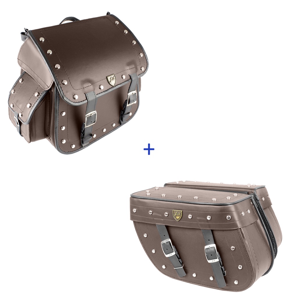 Kit Viagem Alforge Traseiro 50 Litros em Couro Sintético Marrom C/ Cravos + Alforge Lateral Losango 32 Litros em Couro Sintético Marrom C/ Cravos