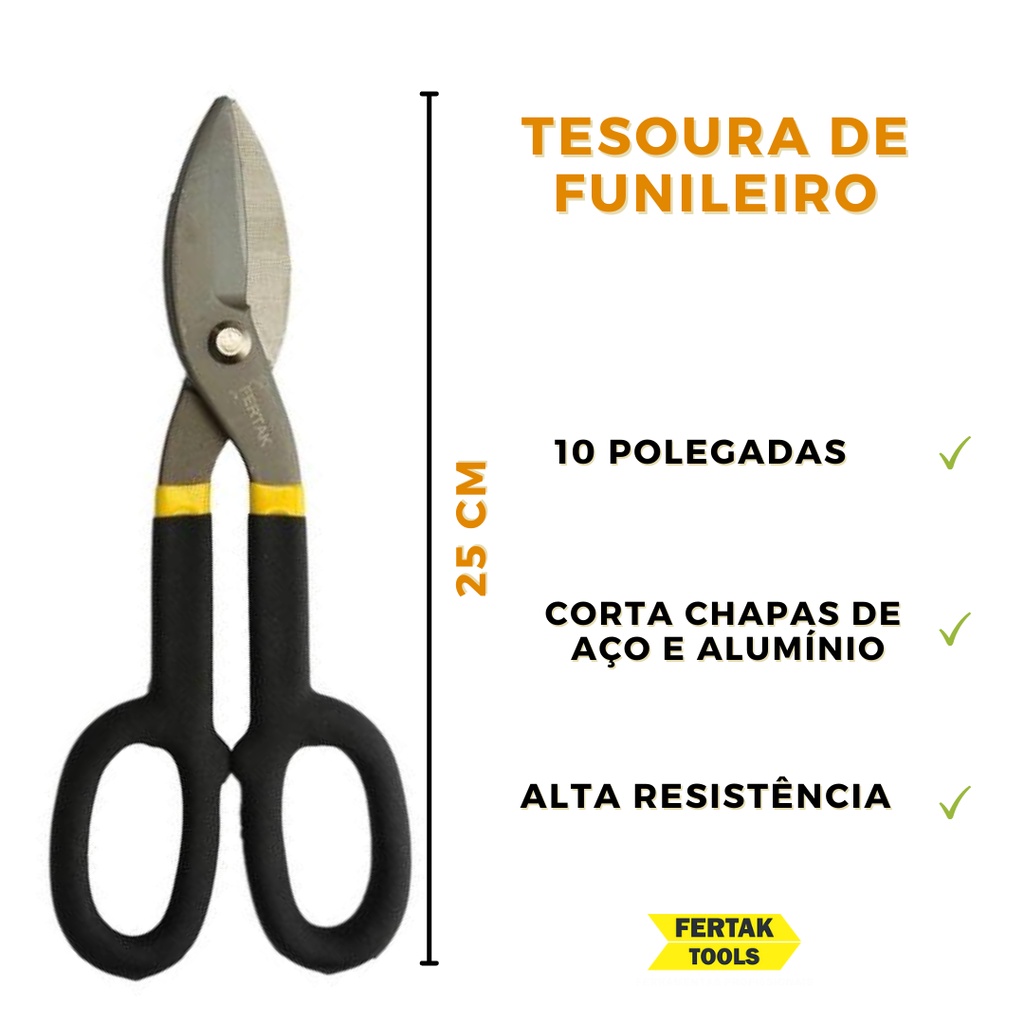 Tesoura de Funileiro Corta Chapa profissional 25 cm 10 pol cabo emborrachado serralheria industrial montagem calhas