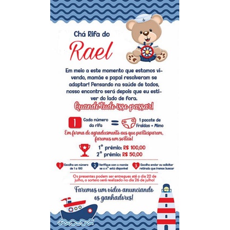 Convite Virtual Digital Cha Rifa Cartela Ursinho Marinheiro Shopee Brasil