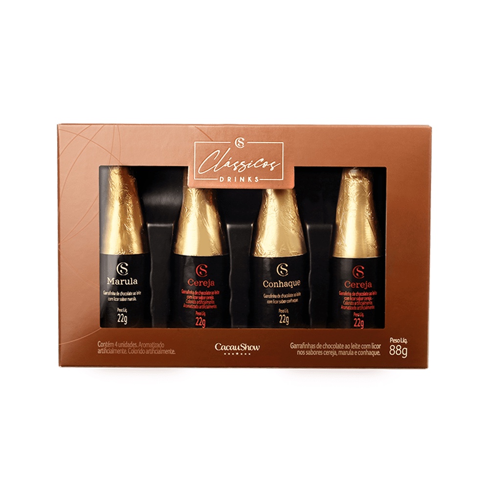 Caixa Garrafinhas de Chocolate com Licor Sabor Cereja Amarula e Conhaque 88g Cacau Show Classicos Drinks