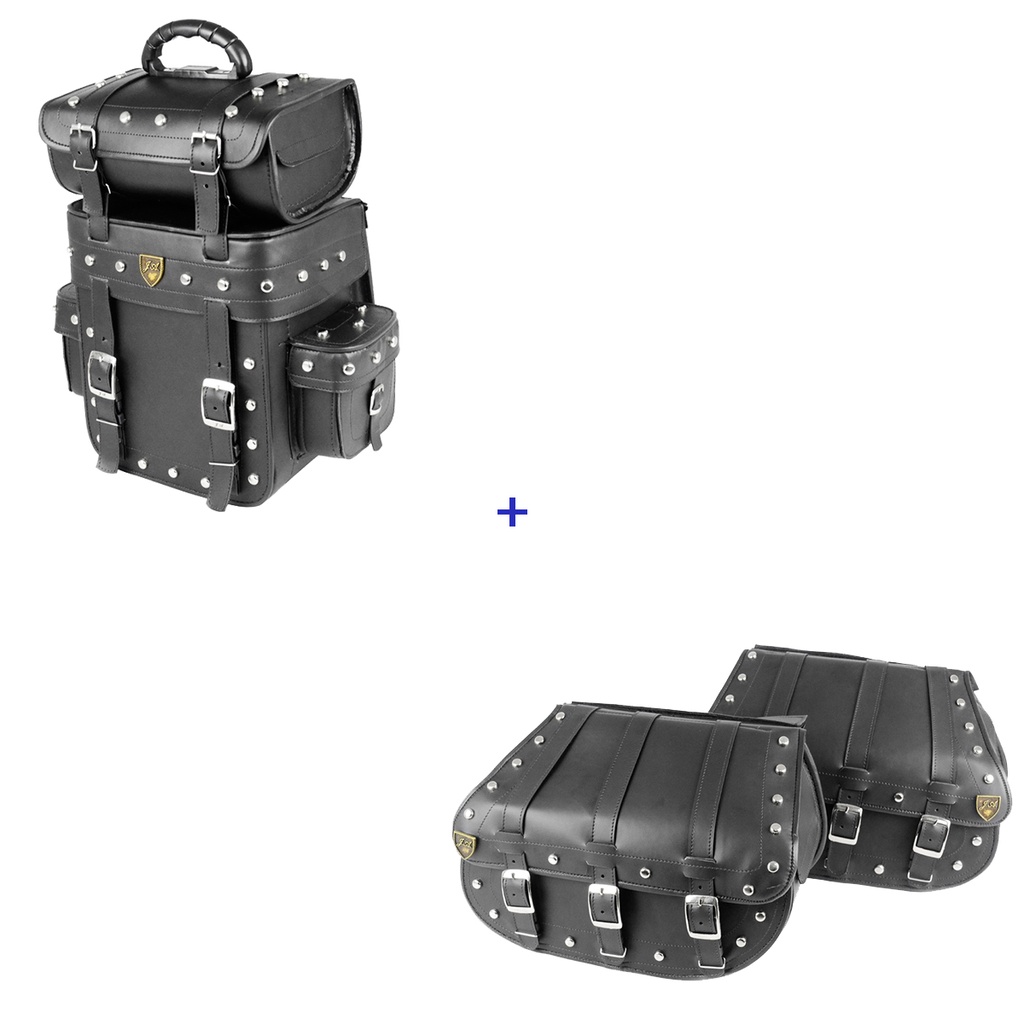 Kit Viagem Alforge Traseiro 25 Litros Couro Sintético C/ Cravos + Alforge Lateral 3F 25 Litros Couro Sintético C/ Cravos