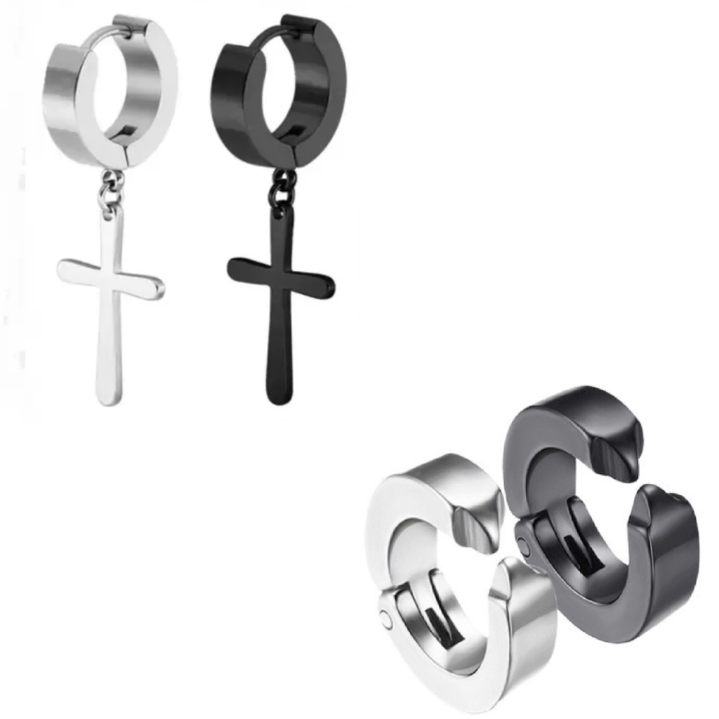 Brinco de Pressão Cruz Crucifixo Argola Prata e Preto Aço Inox Antialérgico Masculino Estilo