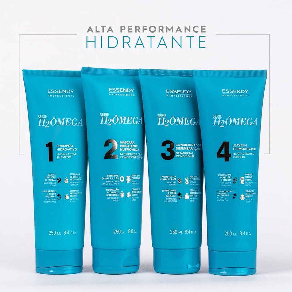 Kit Home Care Série H2Ômega 250ml Essendy - Shampoo Condicionador Máscara Capilar e Leave-in Hidratante - Promoção Pronta Entrega - Completo Original