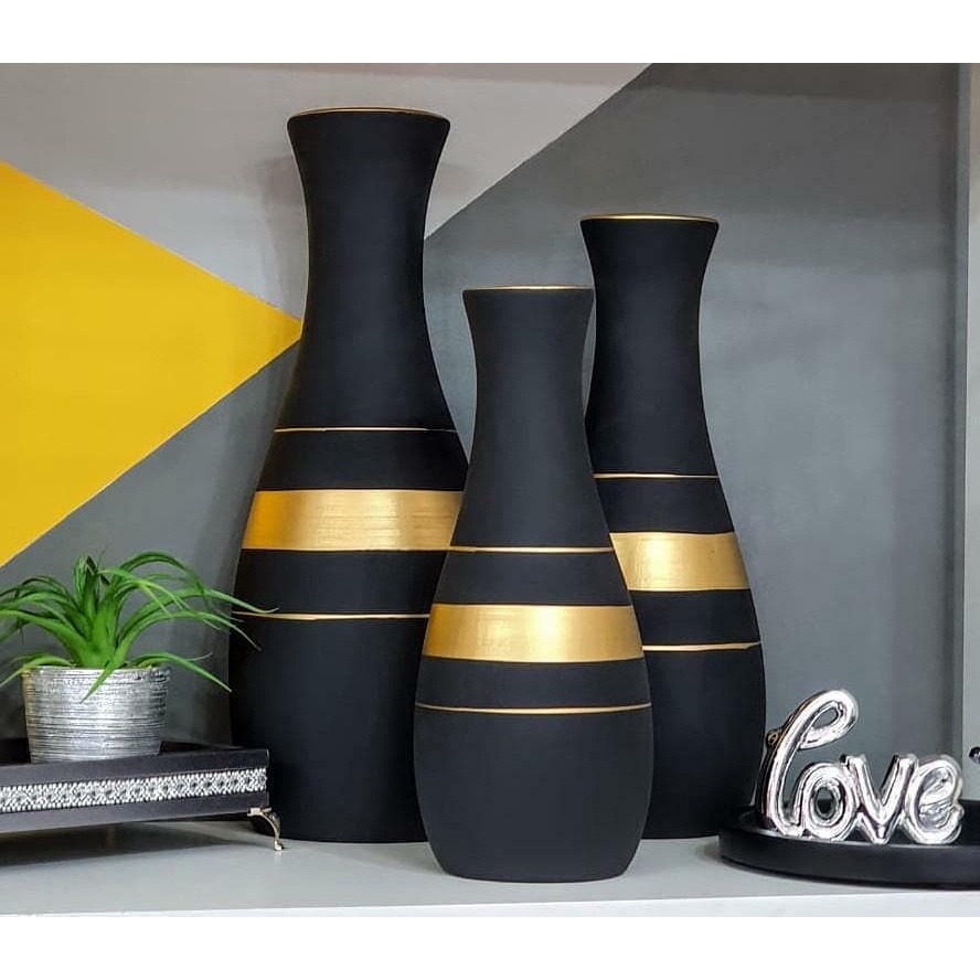 Trio de Garrafas Decorativa Vaso Decoração de Sala Quarto Aparador Centro de Mesa Ceramica Vasos decorados ceramica moderno Enfeite rack sala Vaso barro Enfeite aparador Luxo