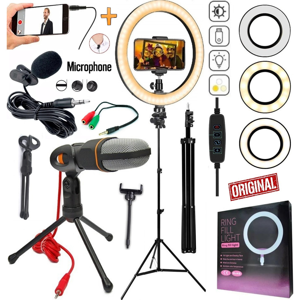 Kit Youtuber Lapela Microfone Condensador de Mesa Celular Tripé Profissional Iluminador Ring Light Anel Portátil Led