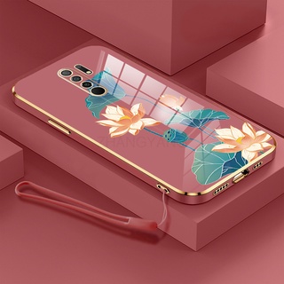 Capa Redmi 9 Caixa Telefônica Galvanizada silikon Macia retro Lótus kasus ponsel mengirim Cordão