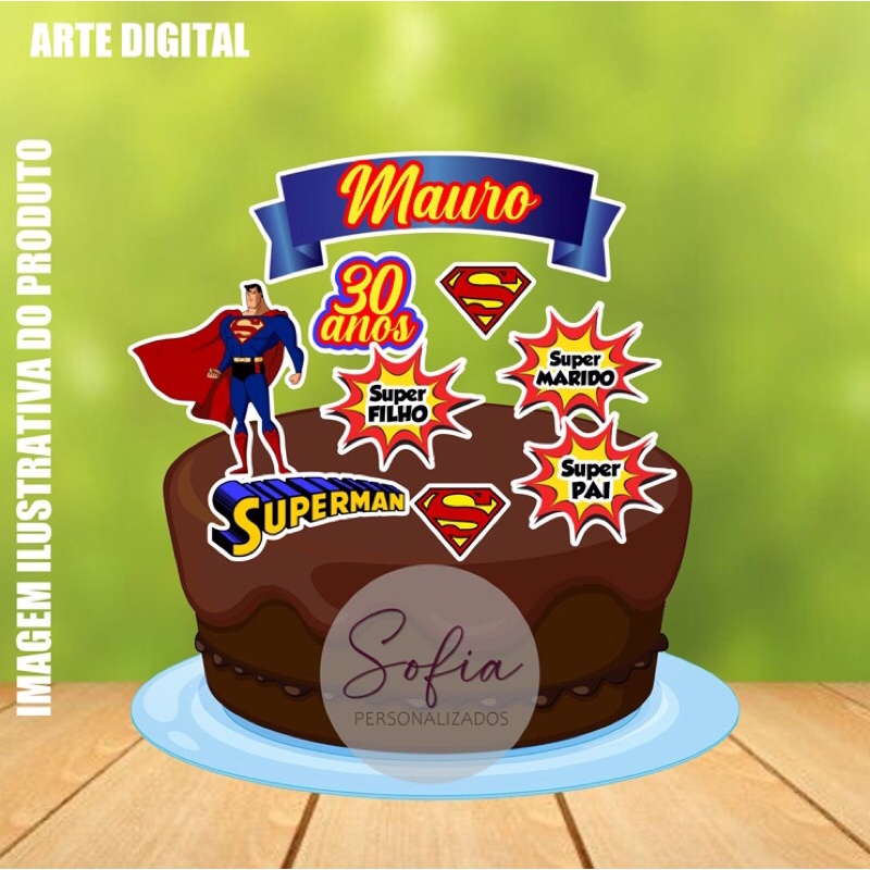 Topo de Bolo - Topper de Bolo Personalizado Aniversario Super Homem Super Man Super Pai Filho Marido