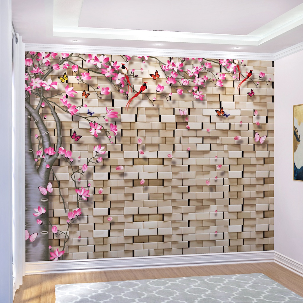 Papel de Parede Design Floral Árvore 3D e Tijolinho Decoração de Quarto e Sala