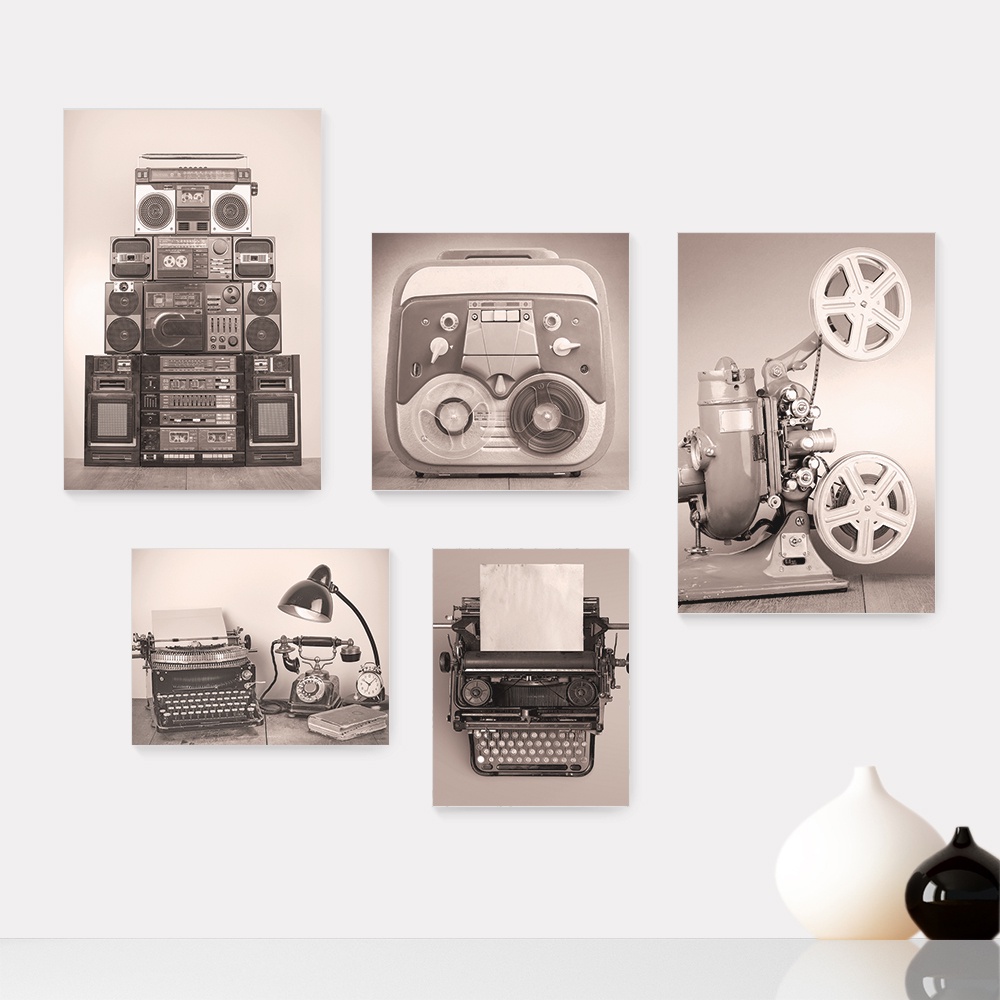 Kit 5 Quadros Decorativos Placas - Máquina de Escrever - Rádio - Projetor - Vintage Casa Quarto Sala - 173ktpl5