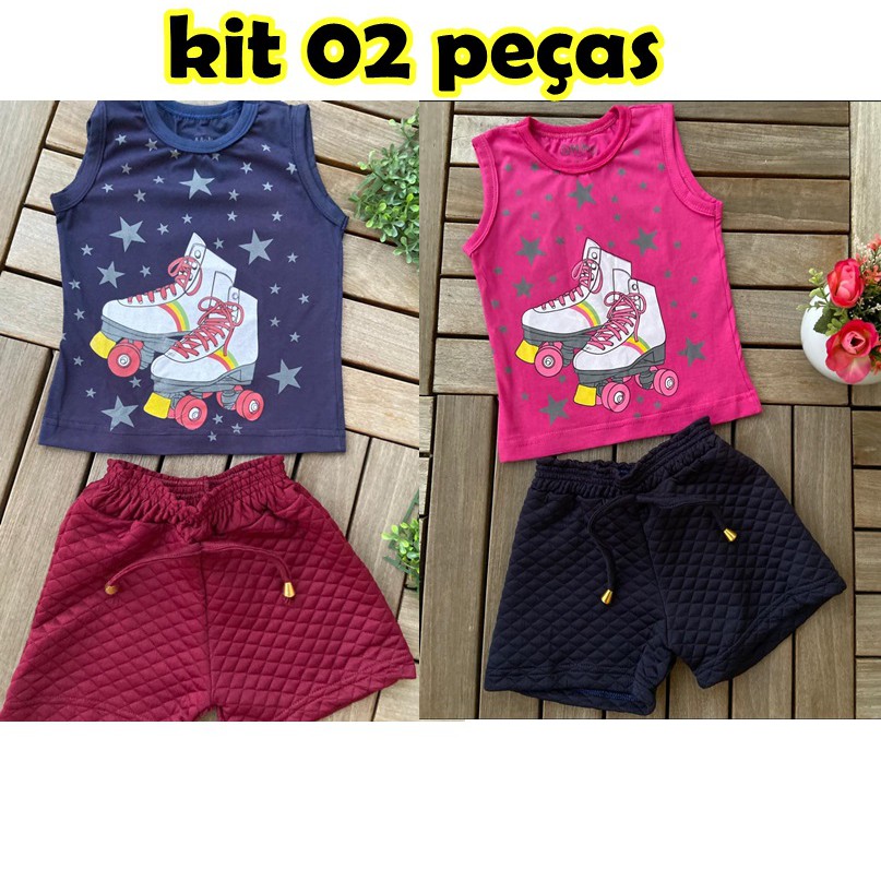 02 Conjuntos Infantil Menina Feminino Regata e Short Criança Calor Verão Fresquinho Linha Premium
