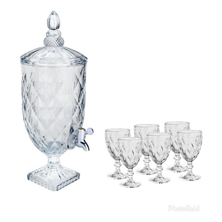 Kit 01 Suqueira Dispenser 4.9l+06 Taças Água Diamond Transparente