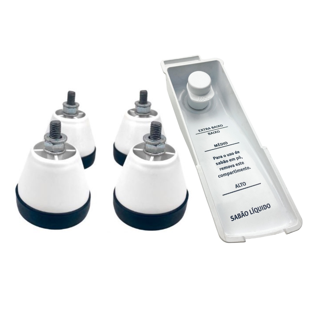 Kit 4 pé nivelador + dispenser de sabão liquido para máquina Lava e Seca Electrolux LG