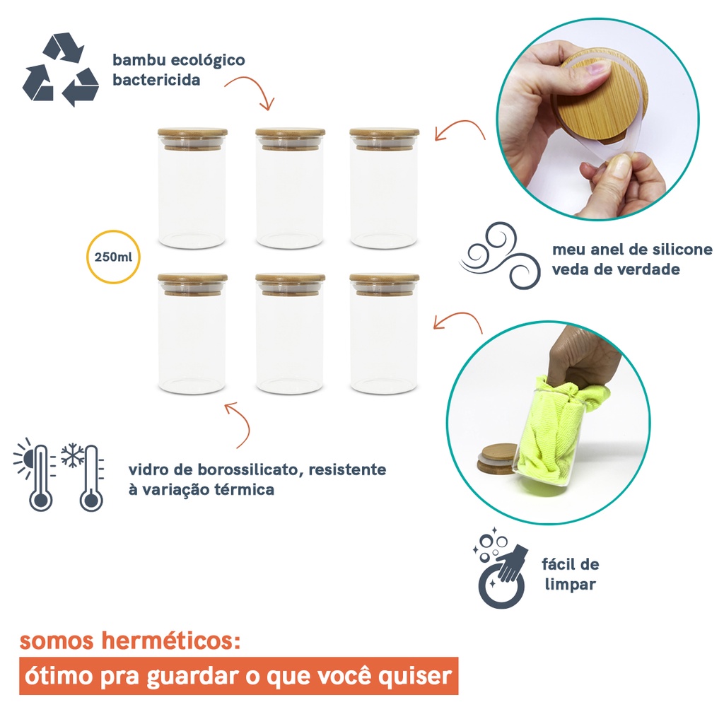 Detalhes do Kit potes de vidro herméticos 250 ml 6 pçs- Oikos