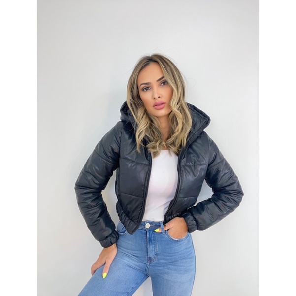 Jaqueta Feminina Puffer Bobojaco Curta Com Toca Removível Nylon Impermeável Inverno 2024