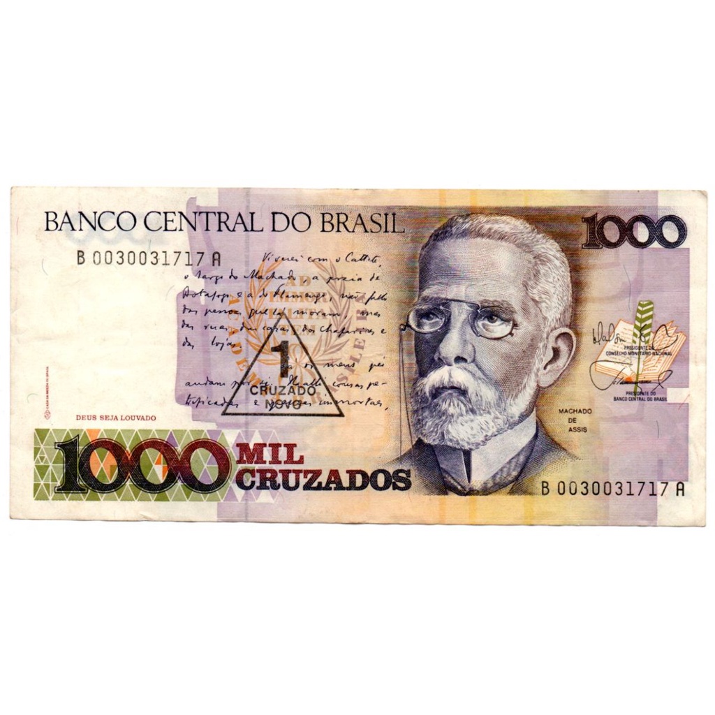 1 Cruzado Novo (Carimbo Sob 1000 Cruzados) Machado de Assis C198 Mbc/Sob  Cédula Antiga