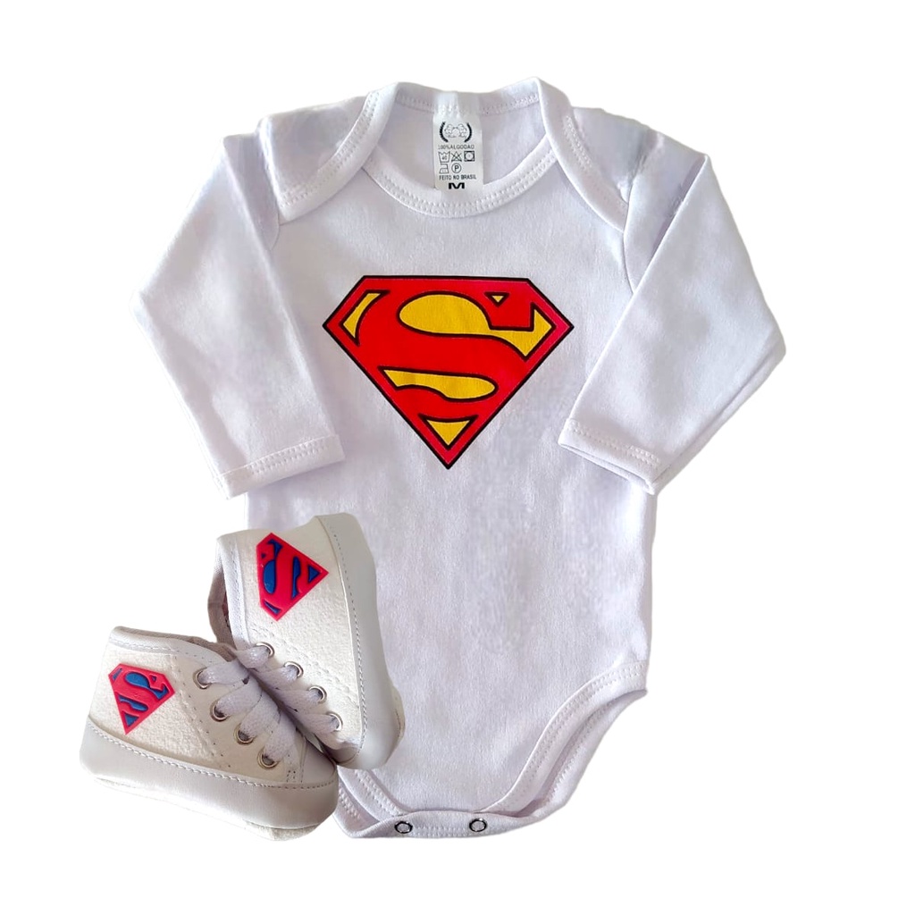 Kit 2 Peças Body + Tênis Super Man Para Bebê Fantasia Mêsversário Super Herói