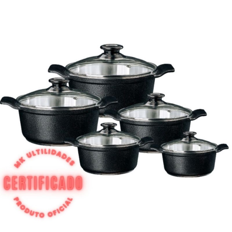 🥇Jogo de Panelas Grossas 5 peças em alumínio batido Fundido Preto alça interissa Tampa de vidro 16/24