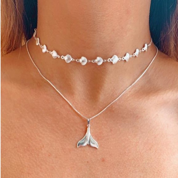 Choker Concha Conchinhas Prata 925 + cordão corrente pingente de calda rabo de sereia Prata