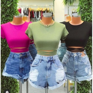 Cropped com manga,malha canelada