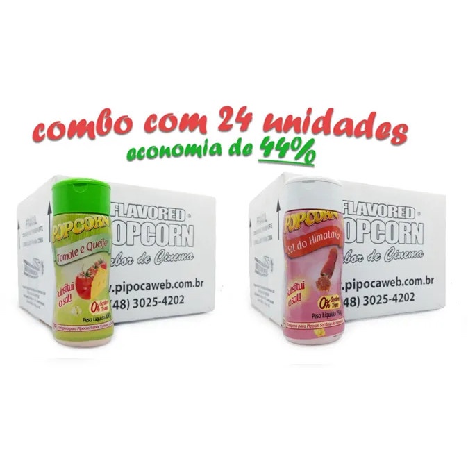 Temperos para Pipoca 100g | 24un - 12un. Tomate e Queijo 12un. Sal do Himalaia