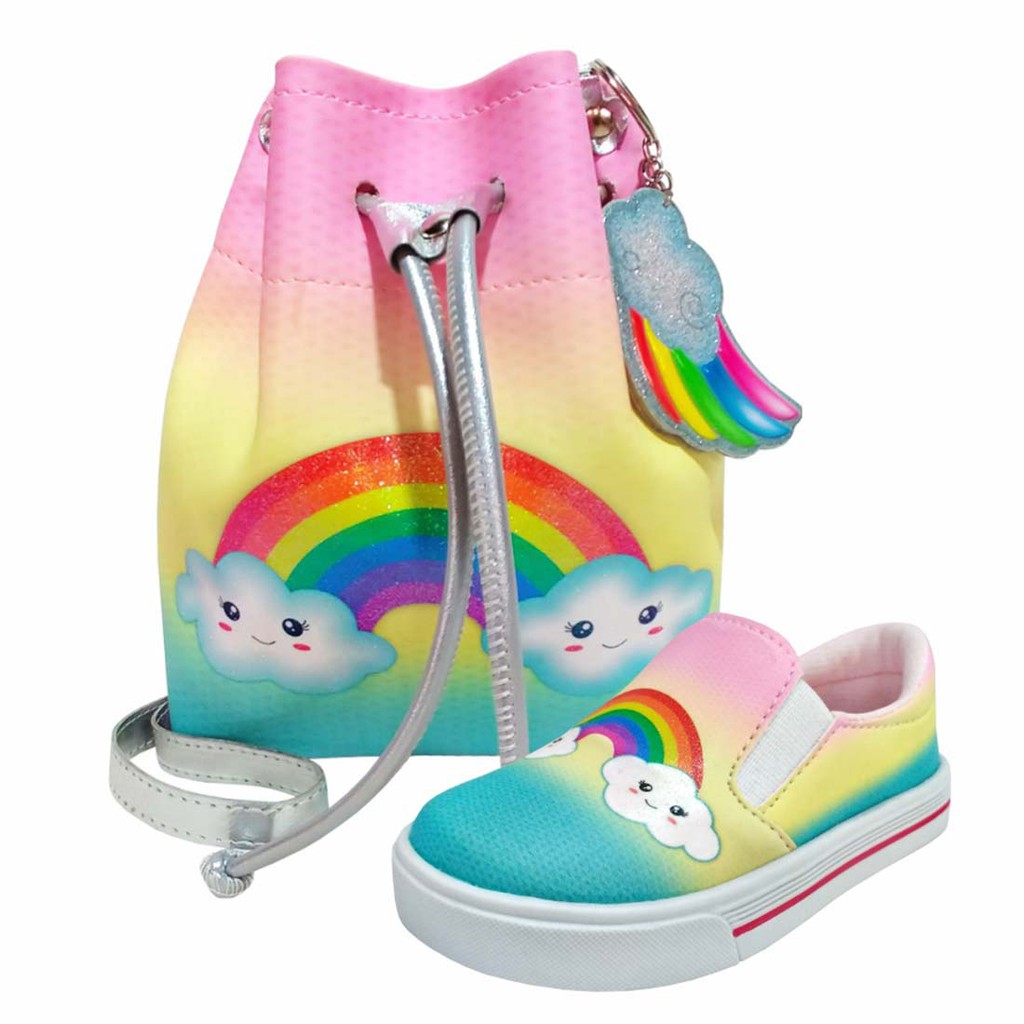 Kit Infantil Bolsa Infantil e Tênis Infantil Feminino Casual Arco-Íris com Glitter Magicc Kids TB-070