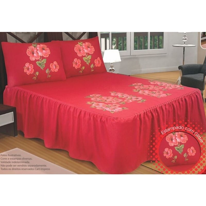 kit 2 Colcha Casal Oxford Campestre Pintada Com Babado 3 Peças Cada