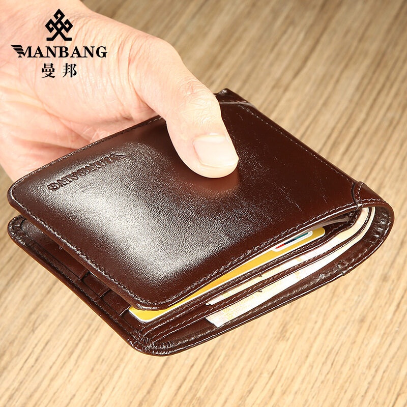 MANBANG Carteira Masculina Couro bovino de alta qualidade Tri-Dobra Curta Moda Horizontal