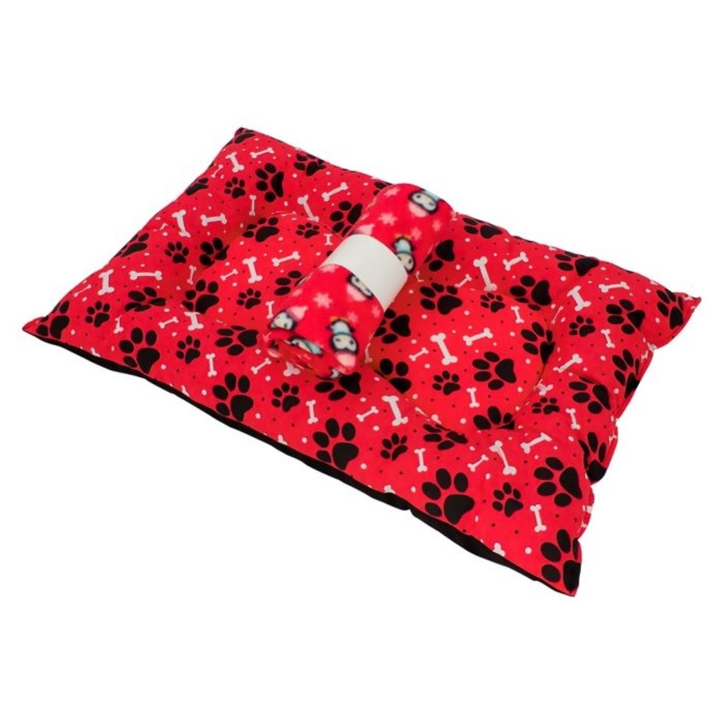 Kit Colchonete/Caminha de Gato e Cachorro Pet Patinhas 60x40 + Coberto Manta Soft
