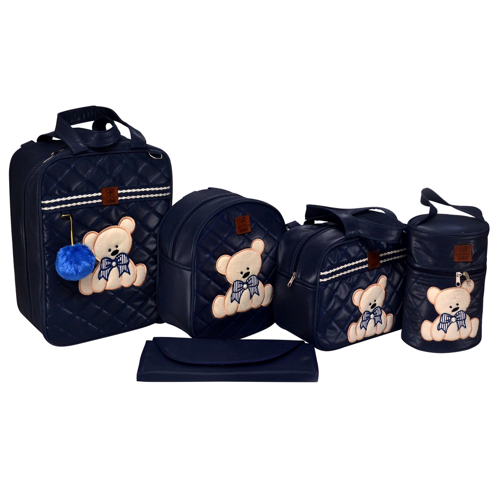 Kit Bolsa Mala Maternidade Masculino 5 Peças Azul Marinho Urso Para Bebê Melhor Preço