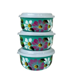 Kit de 3 Potes Organizadores Redondos com Tampa 500ml cada de Plástico Cor Verde Tiffany Decorado