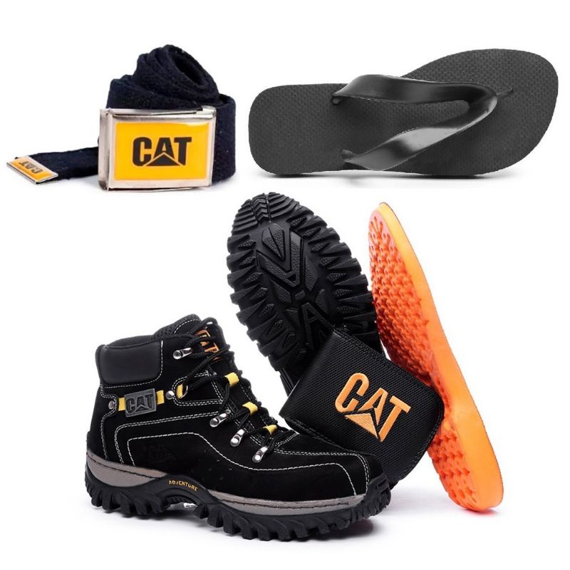 Kit Bota Adventure Caterpillar em Couro + Chinelo Carteira Cinto Palmilha