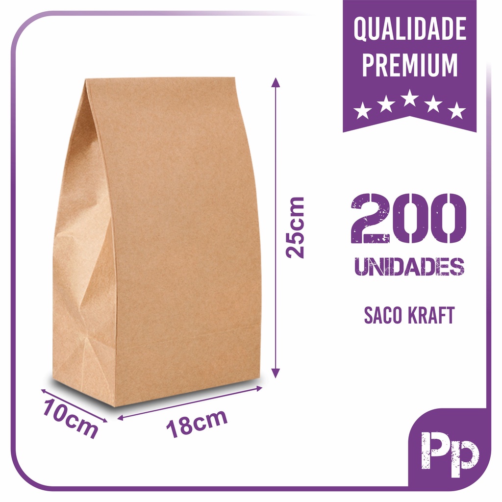 Sacos Kraft Para Delivery - PP (18x10x25) - 200 unidades - Sem Impressão - Liso